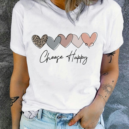 Heart Print T-shirt, Short Sleeve Crew Neck Casual Top For Summer & Spring, Women's Clothing