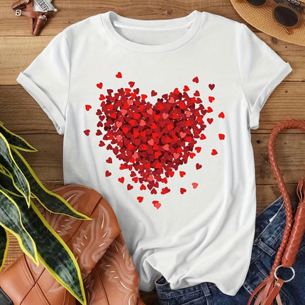 Adorable Heart Print Womens T-Shirt-Lightweight Crew Neck Top  Short Sleeve for Spring & Summer