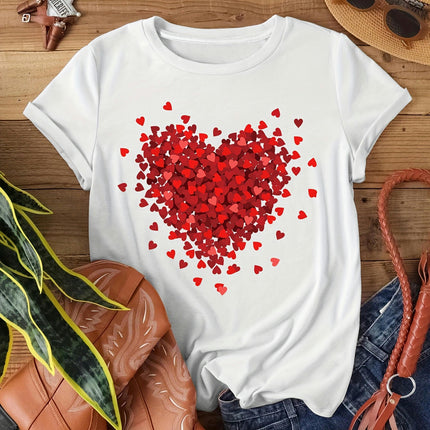 Adorable Heart Print Womens T-Shirt-Lightweight Crew Neck Top  Short Sleeve for Spring & Summer