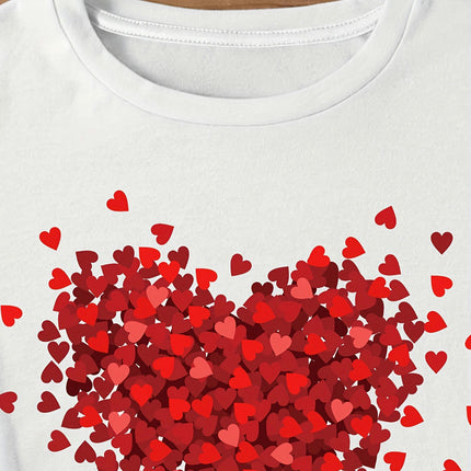 Adorable Heart Print Womens T-Shirt-Lightweight Crew Neck Top  Short Sleeve for Spring & Summer