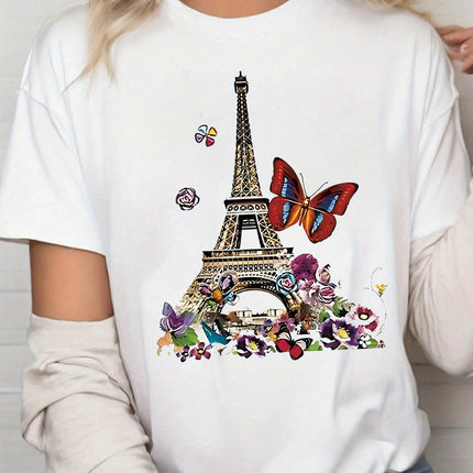 Eiffel Tower Graphic Print Crew Neck T-Shirt - Women's Casual Short Sleeve Tee for Spring & Summer