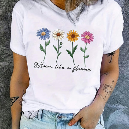 Cute Flower & Letter Print Casual T-shirt, Crew Neck Short Sleeve Top Summer Women's Clothing