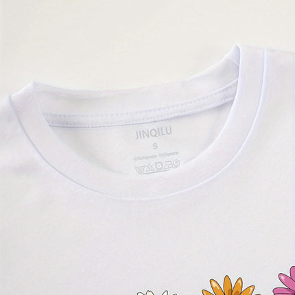 Cute Flower & Letter Print Casual T-shirt, Crew Neck Short Sleeve Top Summer Women's Clothing