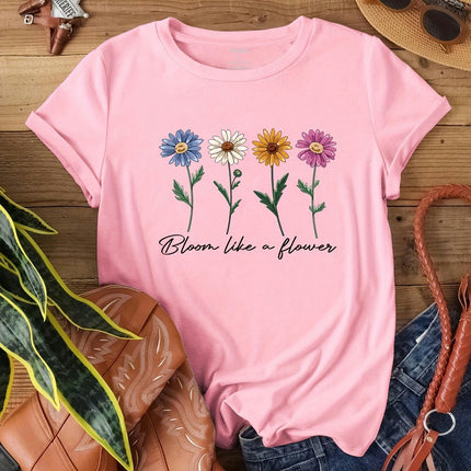 Cute Flower & Letter Print Casual T-shirt, Crew Neck Short Sleeve Top Summer Women's Clothing