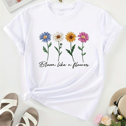 Cute Flower & Letter Print Casual T-shirt, Crew Neck Short Sleeve Top Summer Women's Clothing