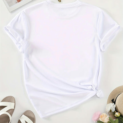 Cute Flower & Letter Print Casual T-shirt, Crew Neck Short Sleeve Top Summer Women's Clothing