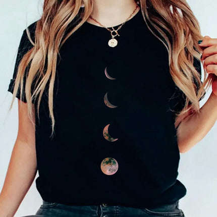 Moon Graphic Print Solid T-Shirt, Crew Neck Short Sleeve Casual Top For Summer Clothing