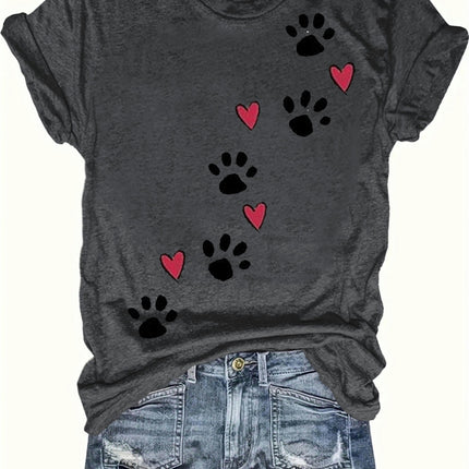 Hearts & Paws Print Crew Neck T-Shirt, Casual Short Sleeve T-Shirt For Spring & Summer