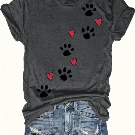 Hearts & Paws Print Crew Neck T-Shirt, Casual Short Sleeve T-Shirt For Spring & Summer