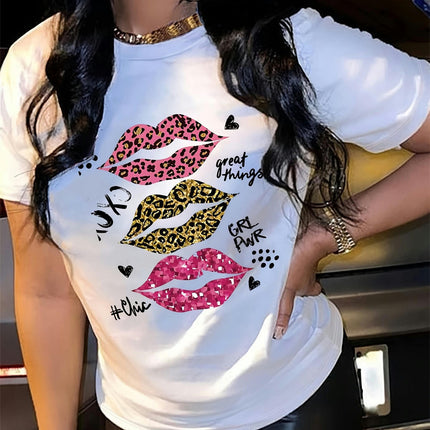 Leopard Lips Print T-shirt, Casual Short Sleeve Crew Neck Summer Top, Women's Clothing