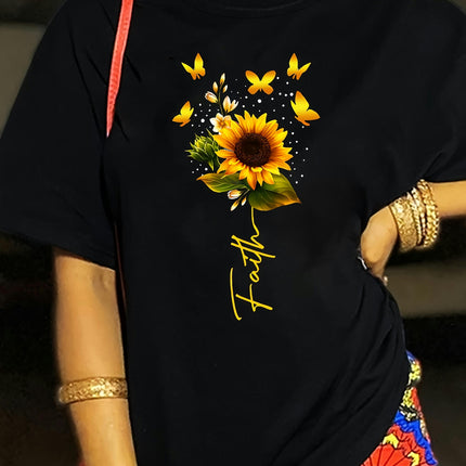 Women's Casual Crew Neck T-Shirt with Sunflower & Dragonfly Print T-Shirt for All Seasons