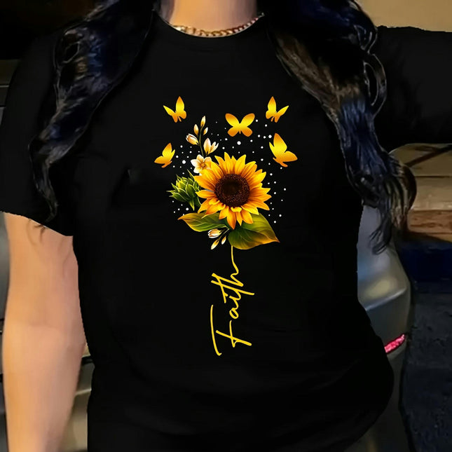 Women's Casual Crew Neck T-Shirt with Sunflower & Dragonfly Print T-Shirt for All Seasons