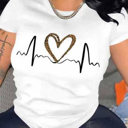 Heart Print Crew Neck Short Sleeve Tee - Women's Casual Summer T-Shirt Top for Everyday Wear