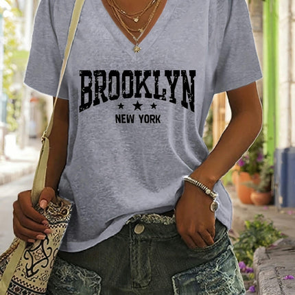 Chic Brooklyn Vibes Tee - Comfy V-Neck, Short-Sleeved, Casual Womens Summer Top