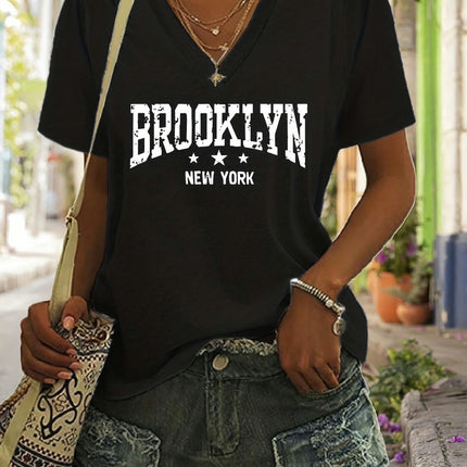 Chic Brooklyn Vibes Tee - Comfy V-Neck, Short-Sleeved, Casual Womens Summer Top