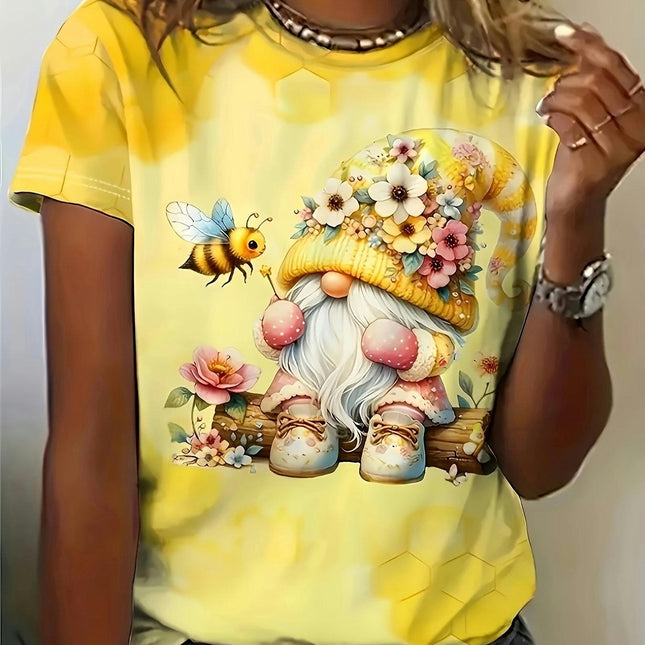 Bee & Floral Gnome T-Shirt for Women - Casual Crew Neck Short Sleeve Top for Spring/Summer/Fall