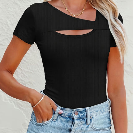 Women's Tshirts One Piece Cutout Tops Short Sleeve Knit Slim Fitted Shirts Tee