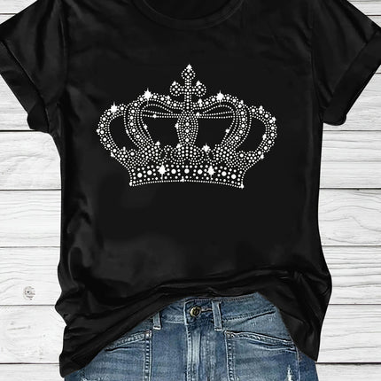 Crown Print Crew Neck T-shirt, Short Sleeve Casual Top For Summer & Spring, Women's Clothing