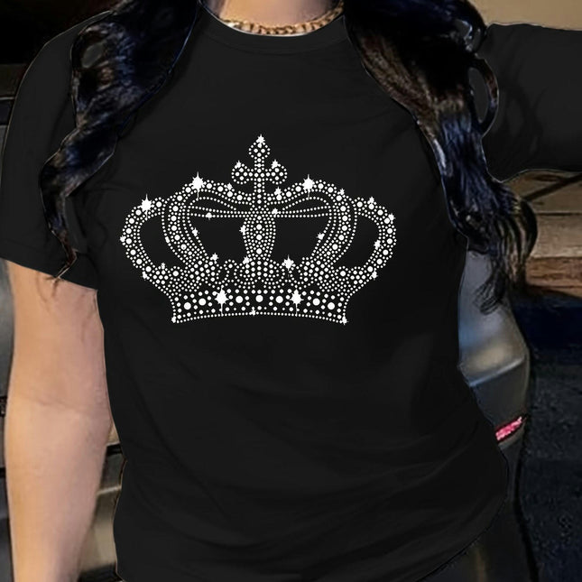 Crown Print Crew Neck T-shirt, Short Sleeve Casual Top For Summer & Spring, Women's Clothing