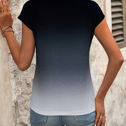 Gradient Color V Neck T-Shirt, Casual Short Sleeve Top For Spring & Summer, Women's Clothing