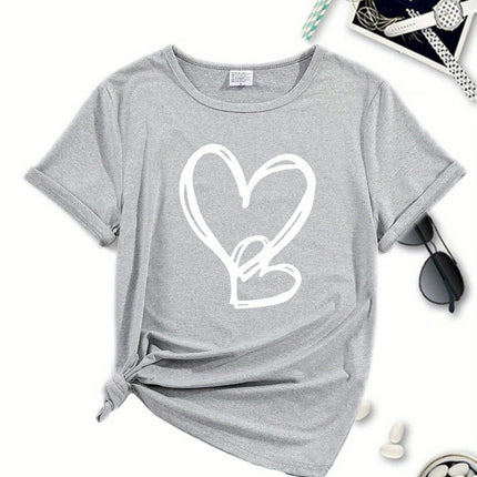 Heart Print Comfy Sports T-Shirt, Short Sleeve Round Neck Pullover Sports Tee, Women's Activewear