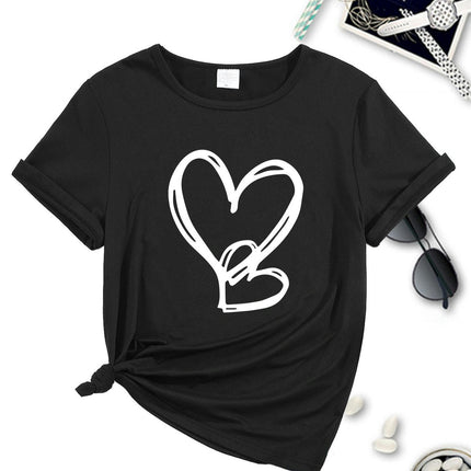 Heart Print Comfy Sports T-Shirt, Short Sleeve Round Neck Pullover Sports Tee, Women's Activewear