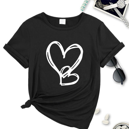 Heart Print Comfy Sports T-Shirt, Short Sleeve Round Neck Pullover Sports Tee, Women's Activewear