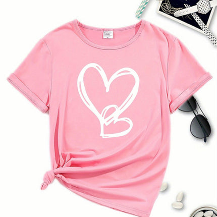 Heart Print Comfy Sports T-Shirt, Short Sleeve Round Neck Pullover Sports Tee, Women's Activewear