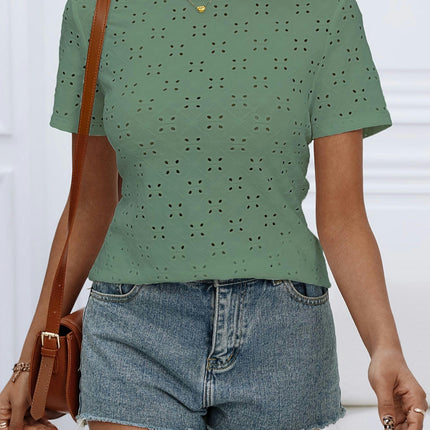 Solid Color Crew Neck Eyelet T-shirt,Short Sleeve Top For Spring & Summer, Women's Clothing