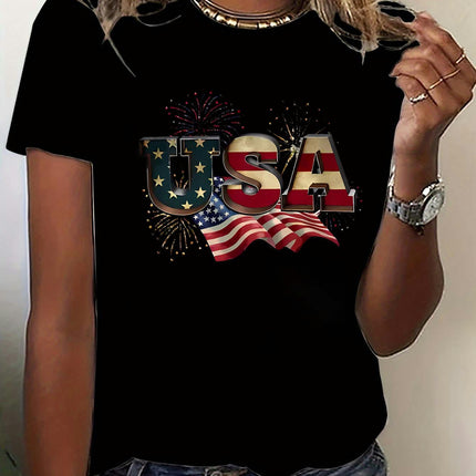 Independence Day Flag Letter Graphic T-Shirt, Summer Casual Women's Short Sleeve Crew Neck Tee