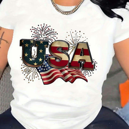 Independence Day Flag Letter Graphic T-Shirt, Summer Casual Women's Short Sleeve Crew Neck Tee