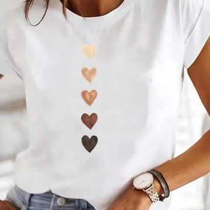 Heart Print Crew Neck T-Shirt, Casual Short Sleeve Women's Clothing  T-Shirt For Spring & Summer