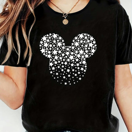 Women's Casual Summer T-Shirt, Star Mouse Head Design Round Neck Sports Tee for Adults