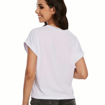 Womens Summer Rolled Sleeve Tops Short Sleeve T-Shirts Round Neck Solid Basic Cropped Tees