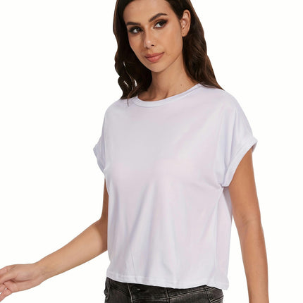 Womens Summer Rolled Sleeve Tops Short Sleeve T-Shirts Round Neck Solid Basic Cropped Tees