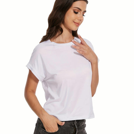 Womens Summer Rolled Sleeve Tops Short Sleeve T-Shirts Round Neck Solid Basic Cropped Tees