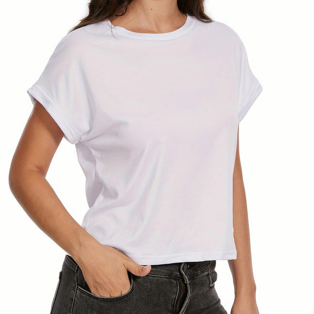 Womens Summer Rolled Sleeve Tops Short Sleeve T-Shirts Round Neck Solid Basic Cropped Tees