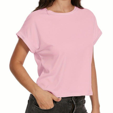 Womens Summer Rolled Sleeve Tops Short Sleeve T-Shirts Round Neck Solid Basic Cropped Tees