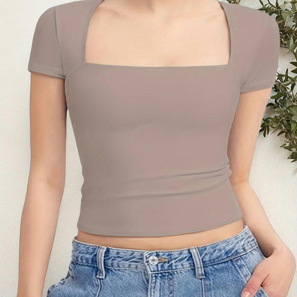 Women's Square Neck Going Out Tops Sexy Slim Fit Short Sleeve T Shirts