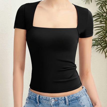 Women's Square Neck Going Out Tops Sexy Slim Fit Short Sleeve T Shirts