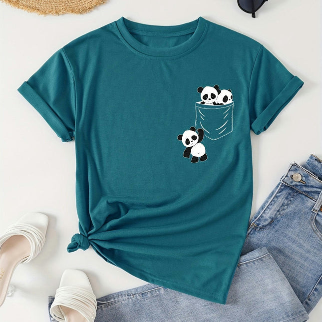 Adorable Panda Print Womens Clothing T-Shirt - Comfortable Crew Neck Short Sleeves for Summer