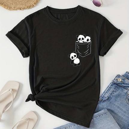 Adorable Panda Print Womens Clothing T-Shirt - Comfortable Crew Neck Short Sleeves for Summer