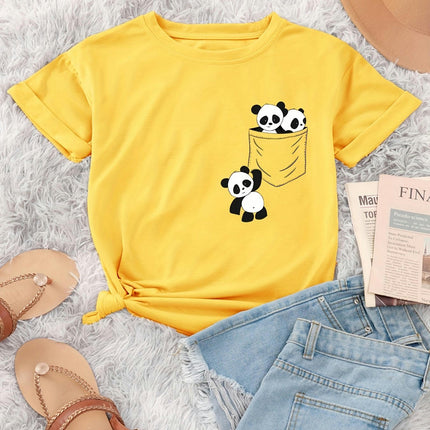 Adorable Panda Print Womens Clothing T-Shirt - Comfortable Crew Neck Short Sleeves for Summer