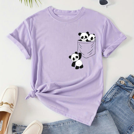 Adorable Panda Print Womens Clothing T-Shirt - Comfortable Crew Neck Short Sleeves for Summer