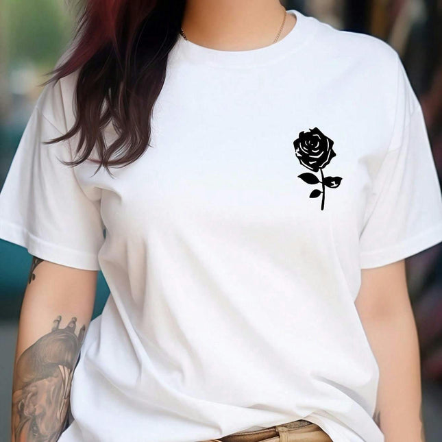 Vibrant Rose Print Crew Neck T-Shirt - Soft, Breathable, Casual Short Sleeve Tee for Spring & Summer