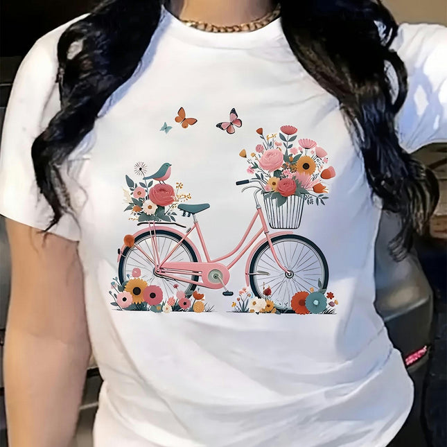 Bicycle Print Short Sleeve T-shirt - Casual Crew Neck Top Women's Clothing Relaxed Fit