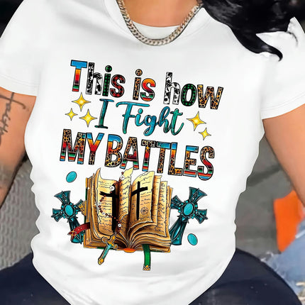 Scripture Letter Printed T-shirt - Round Neck, Casual Short Sleeved, Spring/Summer Women's Clothing