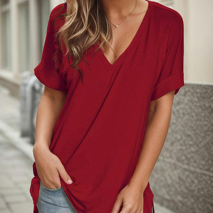 Women's Loose Fit T Shirts, Rolled Short Sleeve V Neck Casual Summer Flowy Tops Tees Side Split