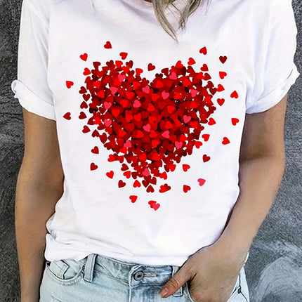 Adorable Heart Print Womens T-Shirt - Lightweight, Short Sleeve & Crew Neck -Casual Top for Summer