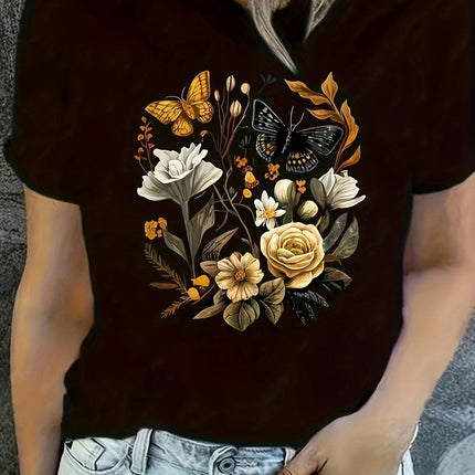 Floral & Butterfly Print Summer T-shirt, Casual Short Sleeve Crew Neck Top Women's Clothing